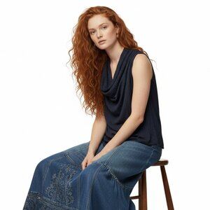 Carla Conti Italy Black Raw Silk Crinkled Cowl Neck Tunic Top Size S